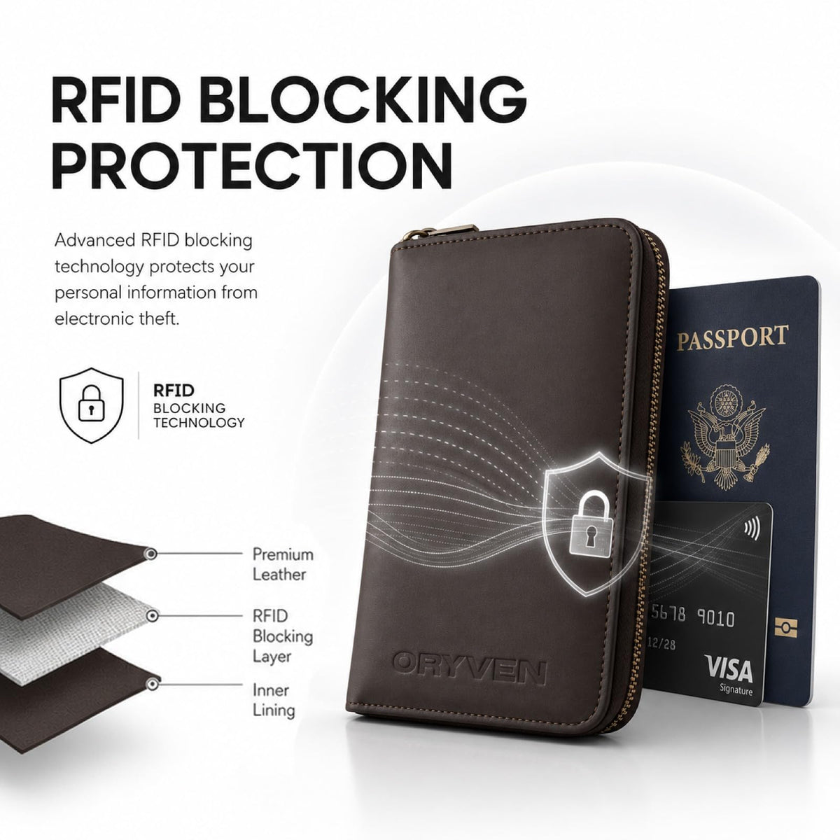 ORYVEN Crazy Horse Leather Passport Wallet RFID Brown Travel Holder Size - NEW