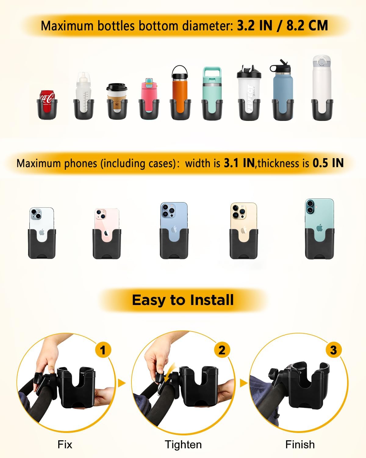 BUNDLEPRO 2-in-1 Cup Holders Stroller Cup Holder with Mobile Phone Case NEW