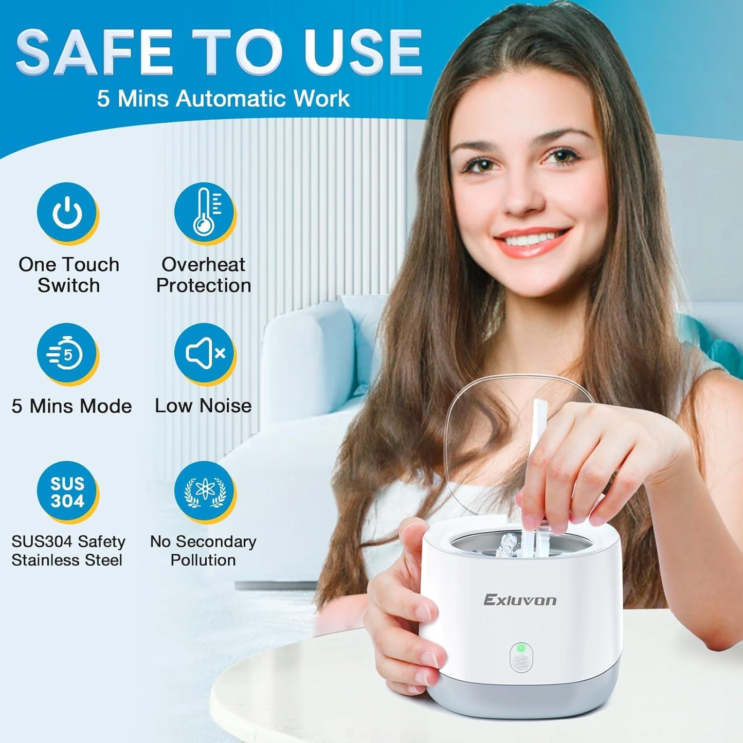 Exluvon Unisex Ultrasonic Dental Retainer Cleaner, 250ml White Portable DEMO