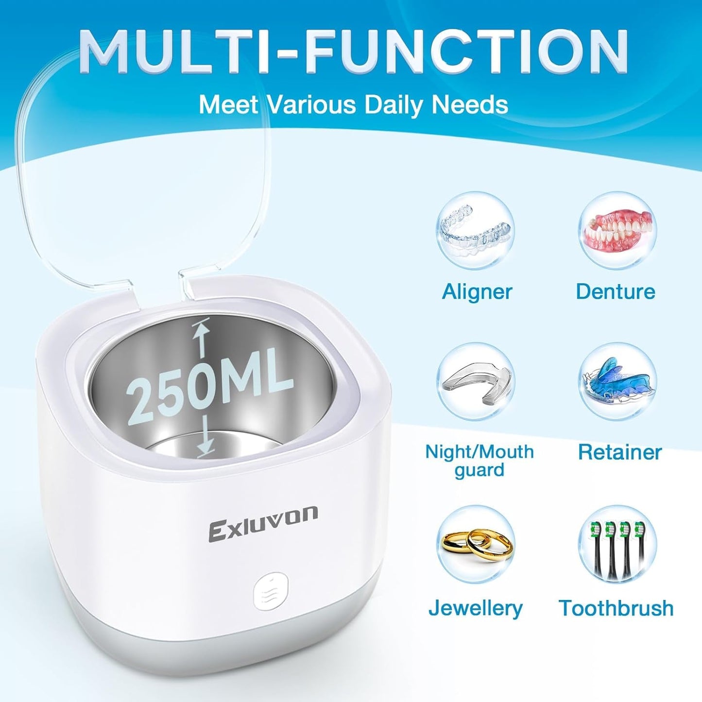 Exluvon Unisex Ultrasonic Dental Retainer Cleaner, 250ml White Portable DEMO