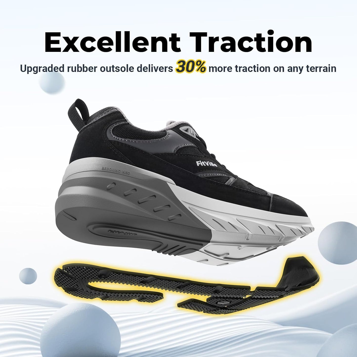 FitVille Rebound V1 Comfortable Arch Support Black Sneakers EXTRA WIDE US 9 DEMO