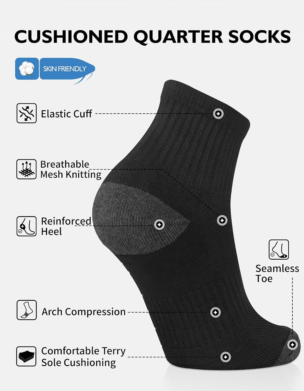 CLOSEMATE Thick Cushioned Cotton Athletic Ankle Trainer Socks 7 Pack NEW