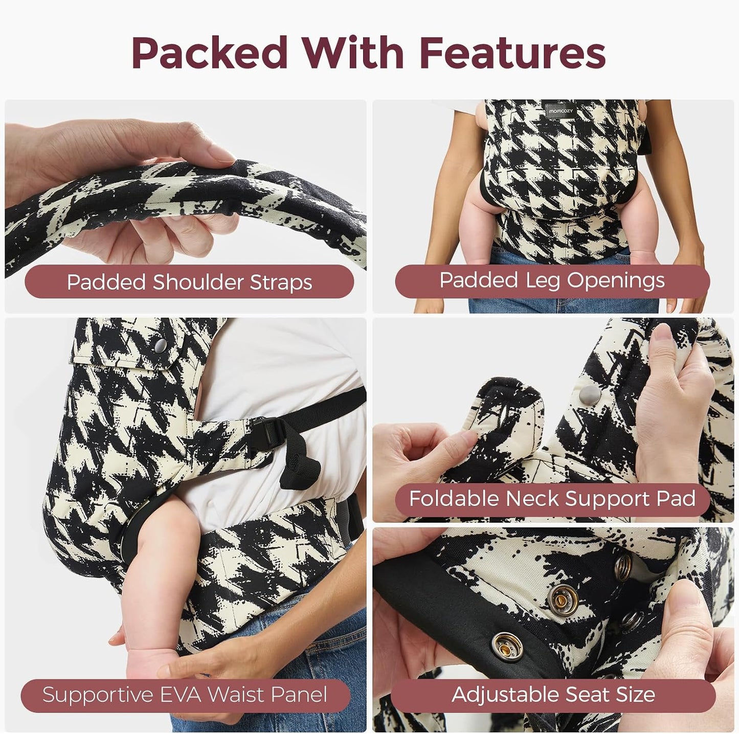 Momcozy Ergonomic Baby Carrier Houndstooth Lightweight Cozy Breathable NEW