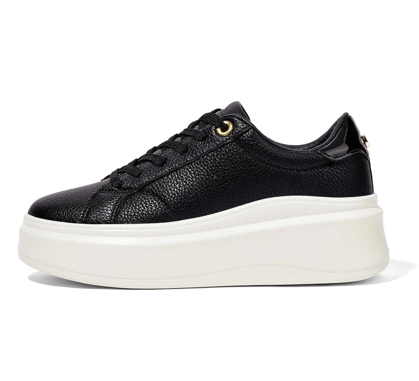 LUCKY STEP Black Faux Leather Fashion Sneakers Chunky Sole Trainers US 8.5 NEW