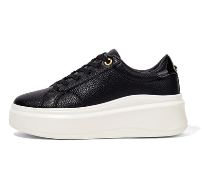 LUCKY STEP Black Faux Leather Fashion Sneakers Chunky Sole Trainers US 8.5 NEW