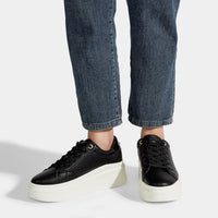 LUCKY STEP Black Faux Leather Fashion Sneakers Chunky Sole Trainers US 8.5 NEW