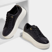 LUCKY STEP Black Faux Leather Fashion Sneakers Chunky Sole Trainers US 8.5 NEW