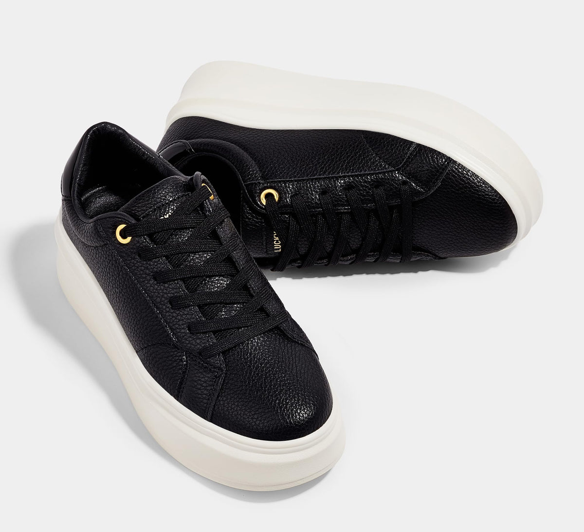 LUCKY STEP Black Faux Leather Fashion Sneakers Chunky Sole Trainers US 8.5 NEW