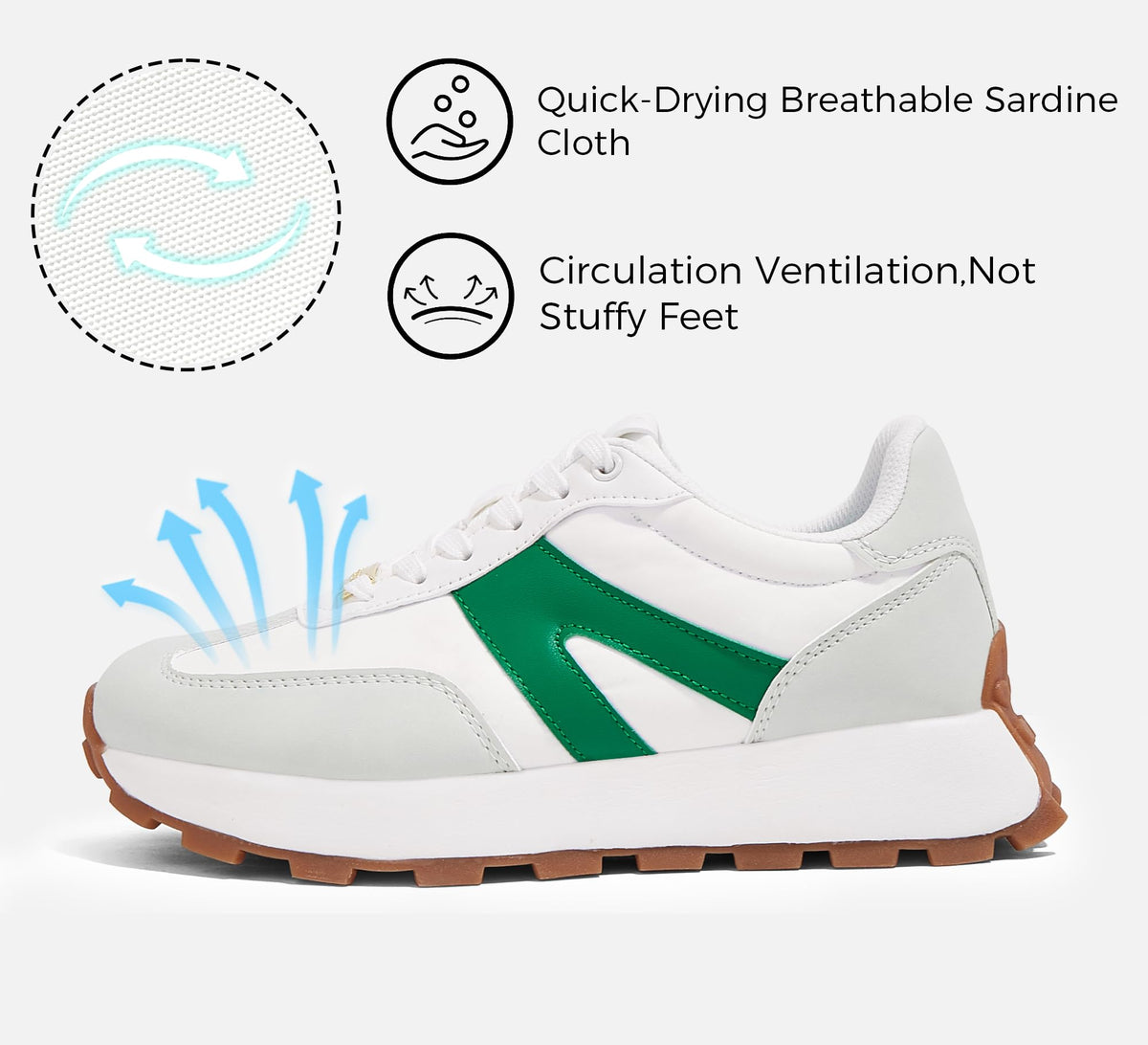LUCKY STEP Retro Classic Trainers White Green Platform Sneakers Womens US 6 NEW