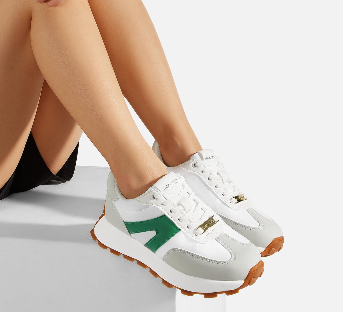 LUCKY STEP Retro Classic Trainers White Green Platform Sneakers Womens US 6 NEW