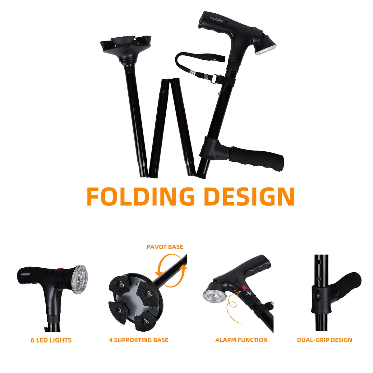 RUNZI Folding Walking Stick with LED Light and Alarm Adjustable Cane Black NEW