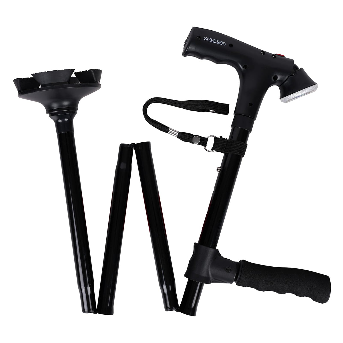 RUNZI Folding Walking Stick with LED Light and Alarm Adjustable Cane Black NEW