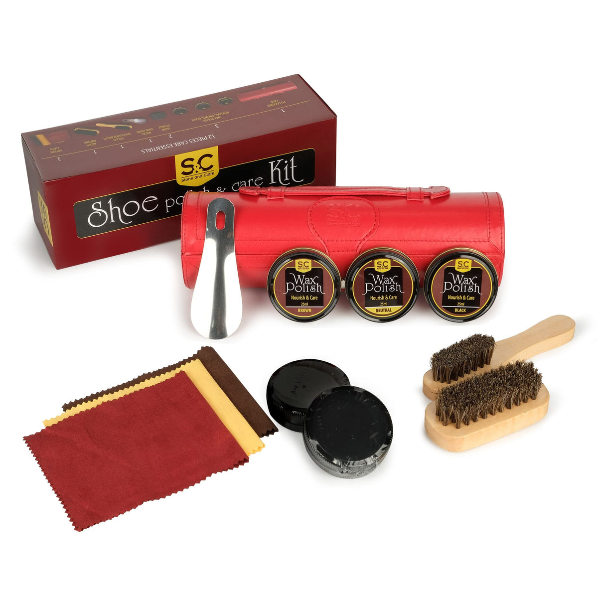 Stone and Clark 12-Piece Shoe Polish Care Kit Leather Shine Set NEW