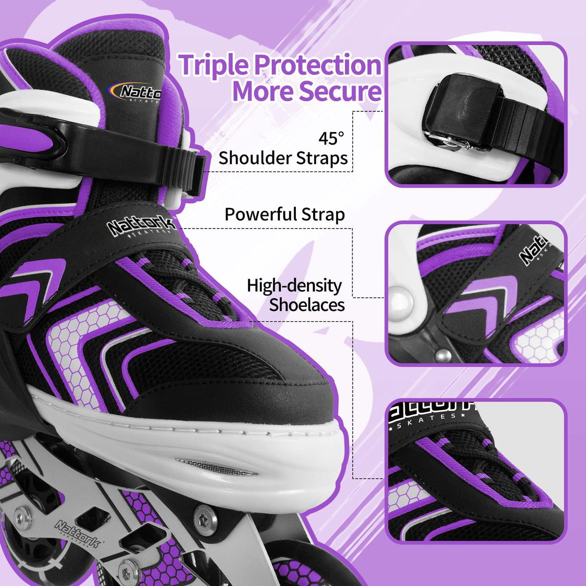 Nattork Children's Inline Skates Light Up Wheels Purple Size 1-4 US Size M NEW