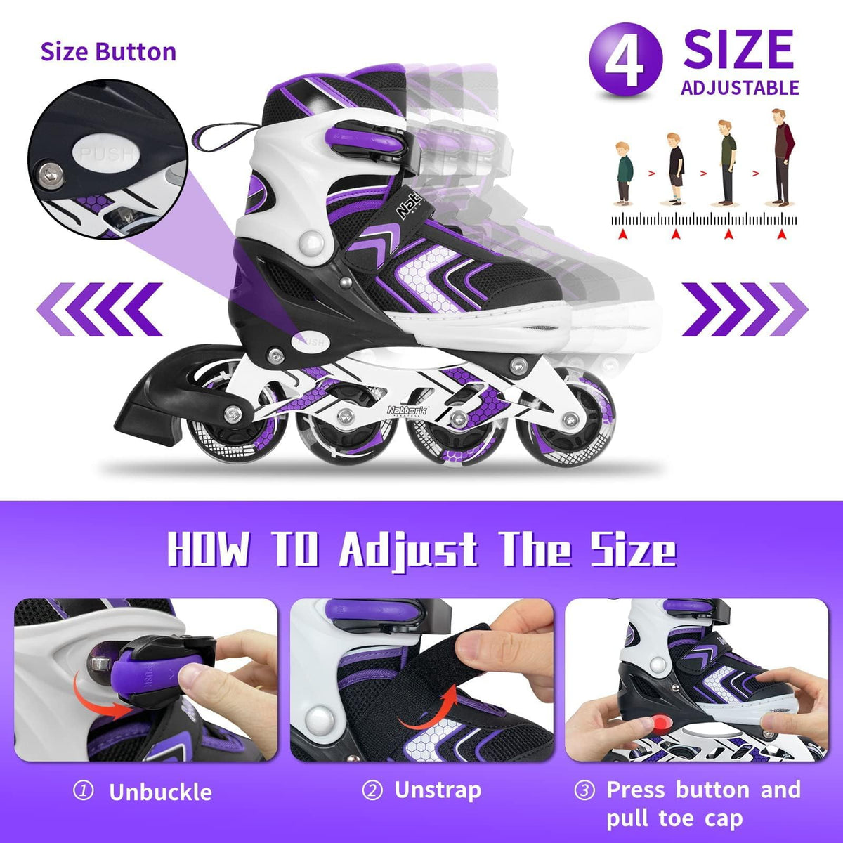 Nattork Children's Inline Skates Light Up Wheels Purple Size 1-4 US Size M NEW
