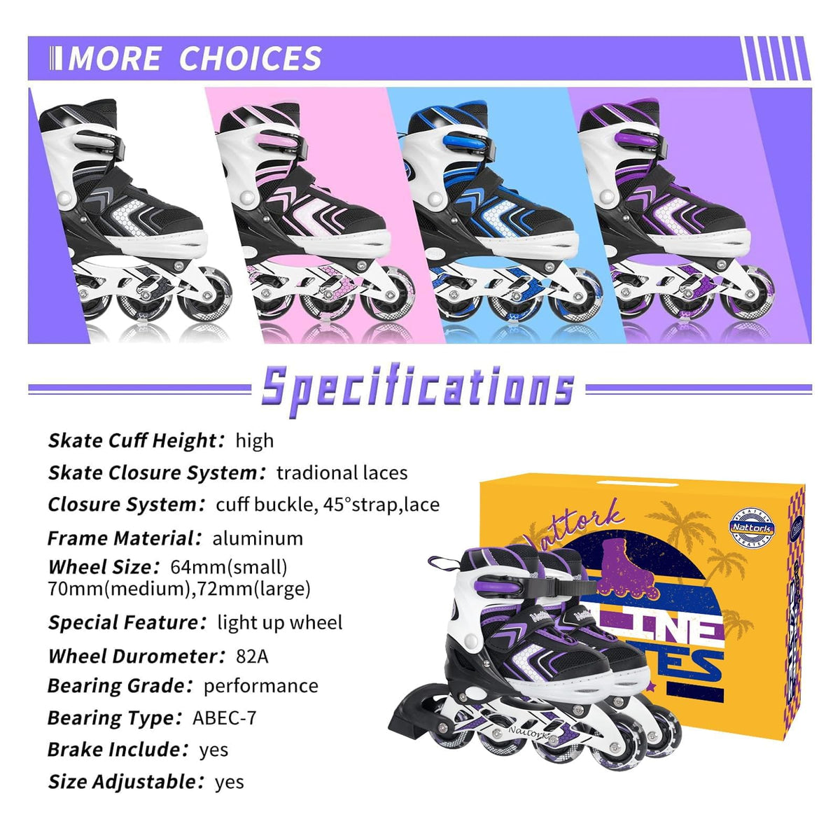 Nattork Children's Inline Skates Light Up Wheels Purple Size 1-4 US Size M NEW