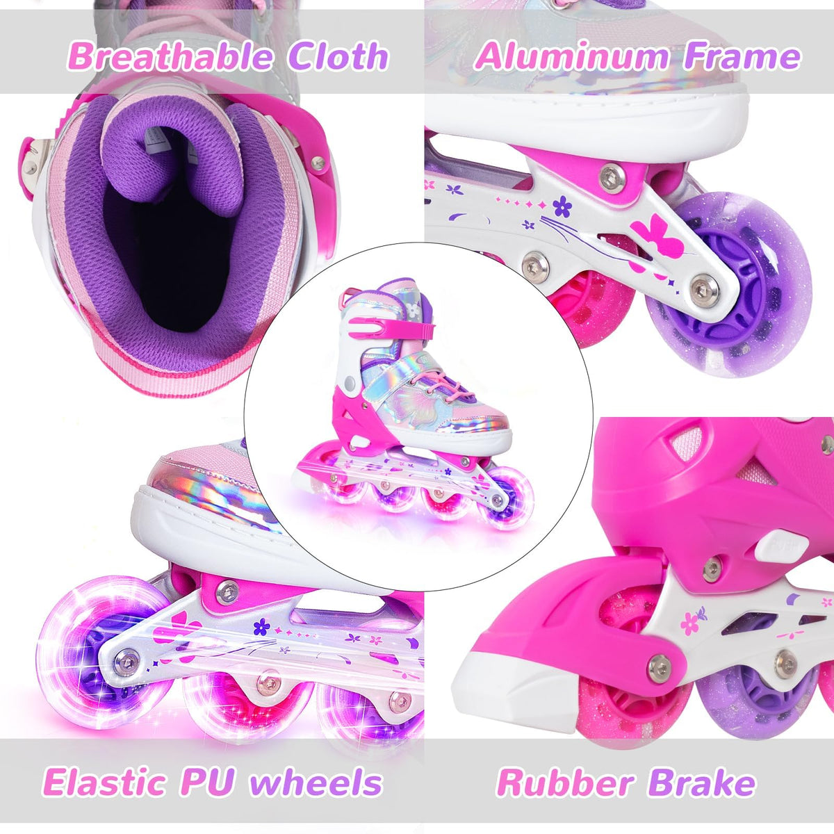 Nattork Kids Inline Skates Rose Medium Size 1-4 US Butterfly White & Pink NEW