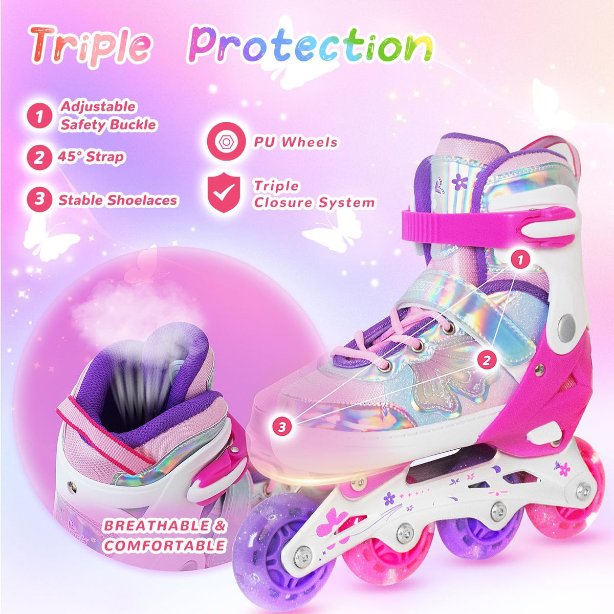 Nattork Kids Inline Skates Rose Medium Size 1-4 US Butterfly White & Pink NEW