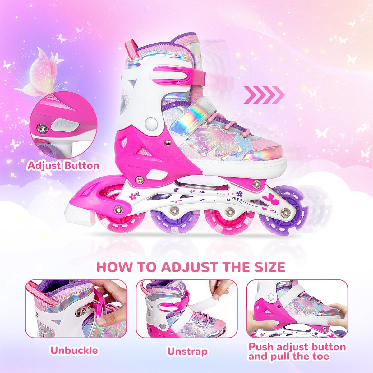 Nattork Kids Inline Skates Rose Medium Size 1-4 US Butterfly White & Pink NEW