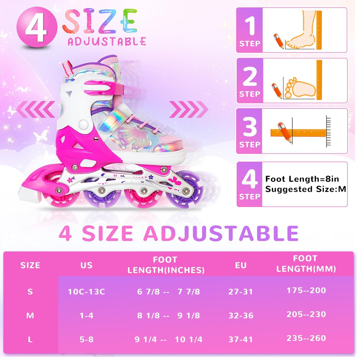 Nattork Kids Inline Skates Rose Medium Size 1-4 US Butterfly White & Pink NEW