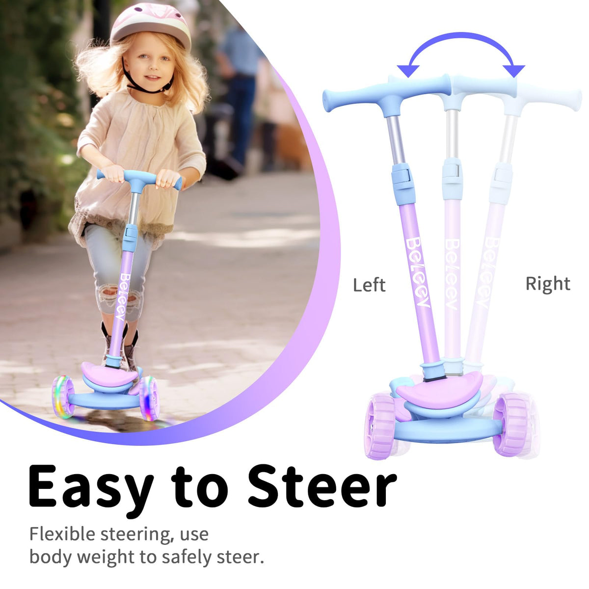 BELEEV 3 Scooters Wheel Folding Scooter for Kids Ages 3-12, Purple NEW