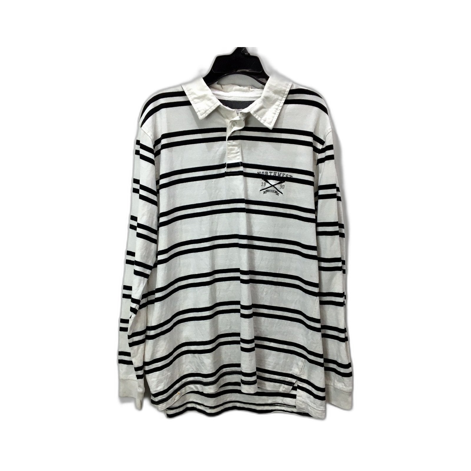 Rivers Mens Striped Rugby Shirt, Casual Cotton Top in White & Black, Small