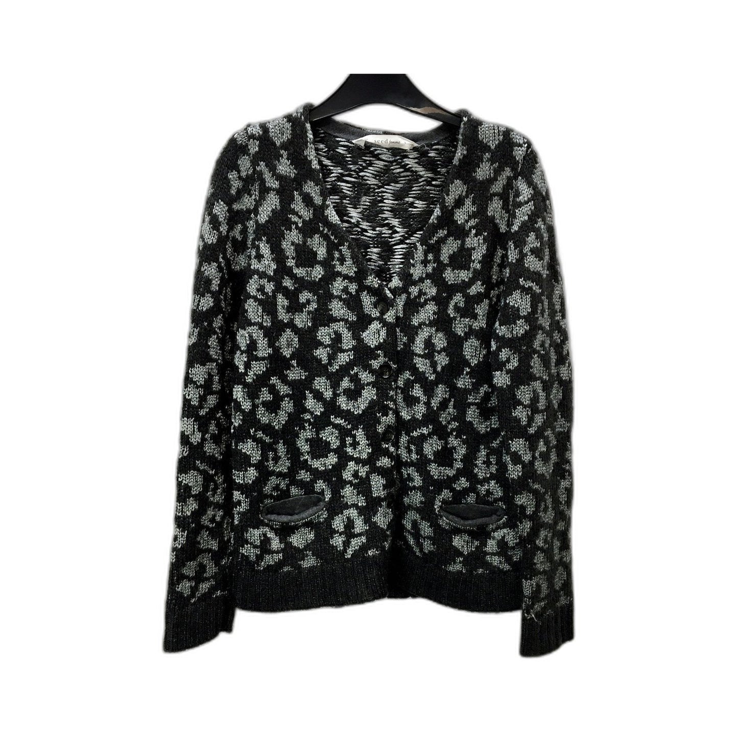 Seed femme Womens Button-Down Sweater Black and Gray Floral Pullover Size Small