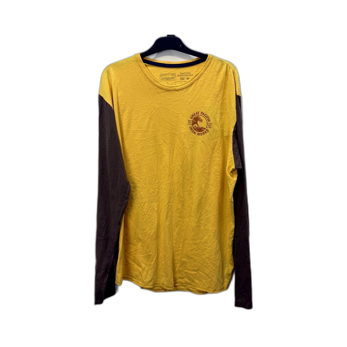 Patagonia Mens Long Sleeve Graphic T-Shirt Organic Cotton Yellow and Black NEW