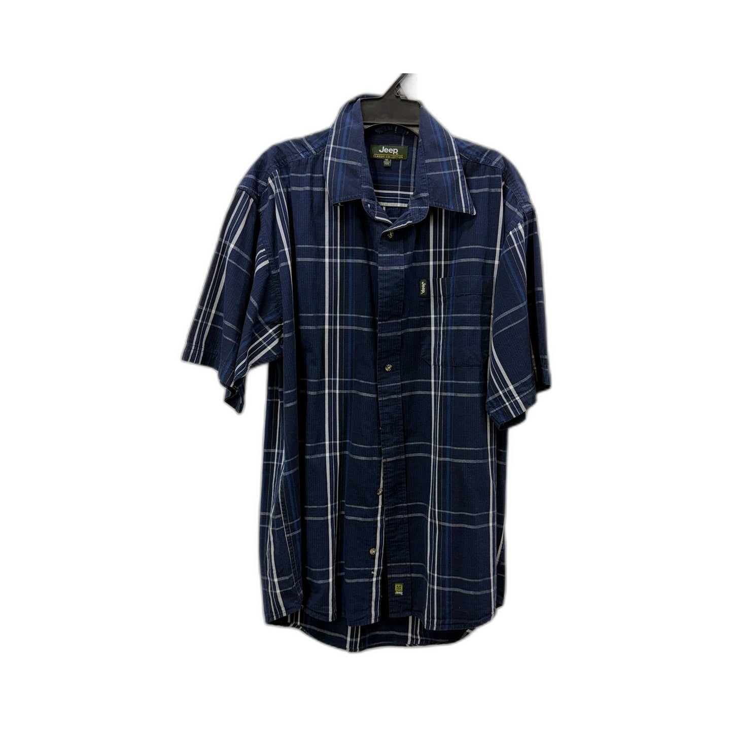 Jeep Mens Button-Down Shirt Navy Blue Plaid Cotton Casual Short Sleeve Size M