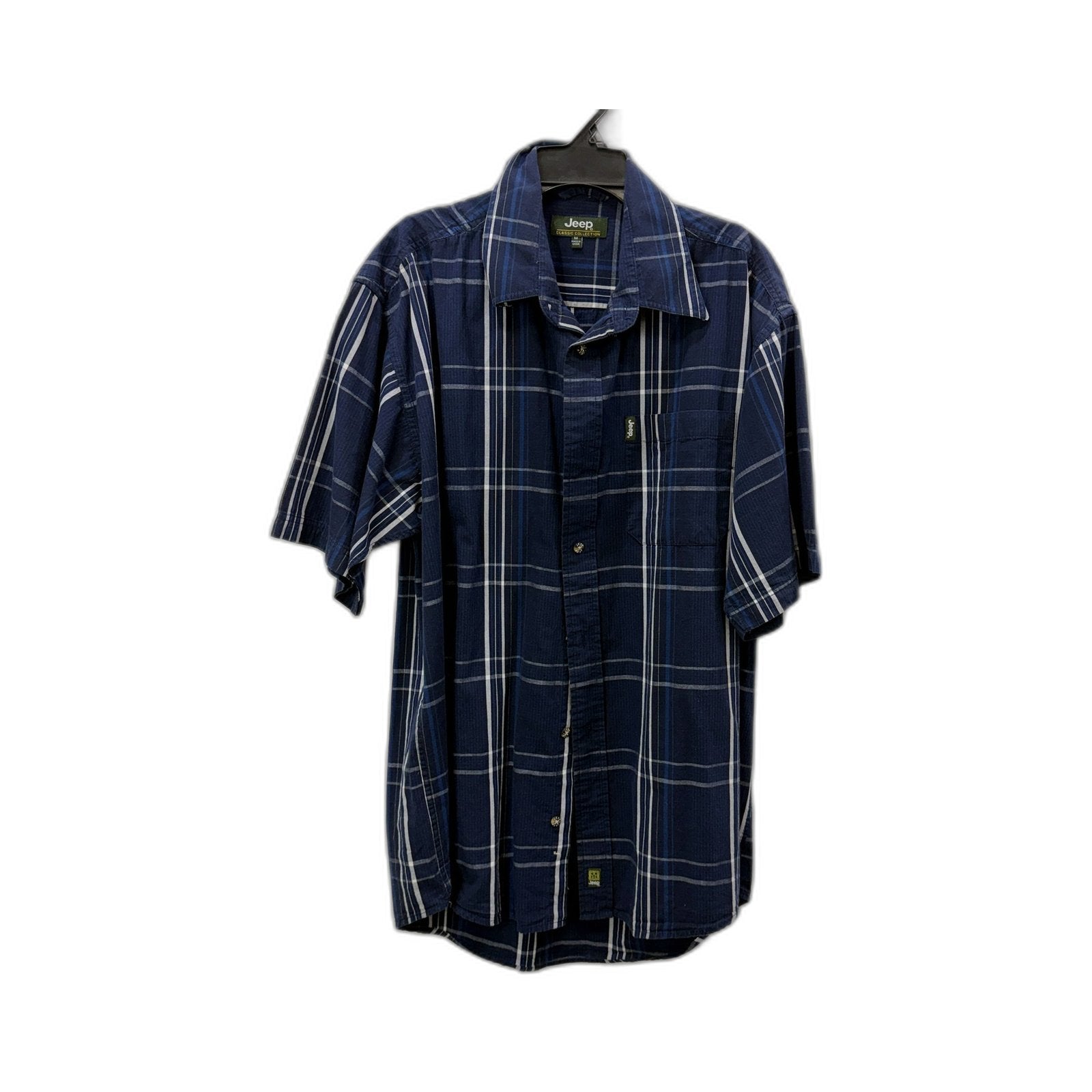 Jeep Mens Button-Down Shirt Navy Blue Plaid Cotton Casual Short Sleeve Size M