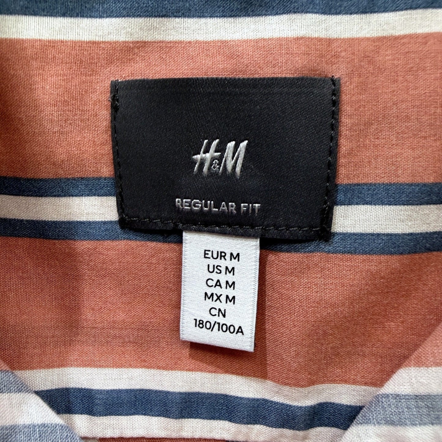 H&M Mens Button-Down Shirt Striped Peach and Navy Blue Cotton Regular Fit Size M