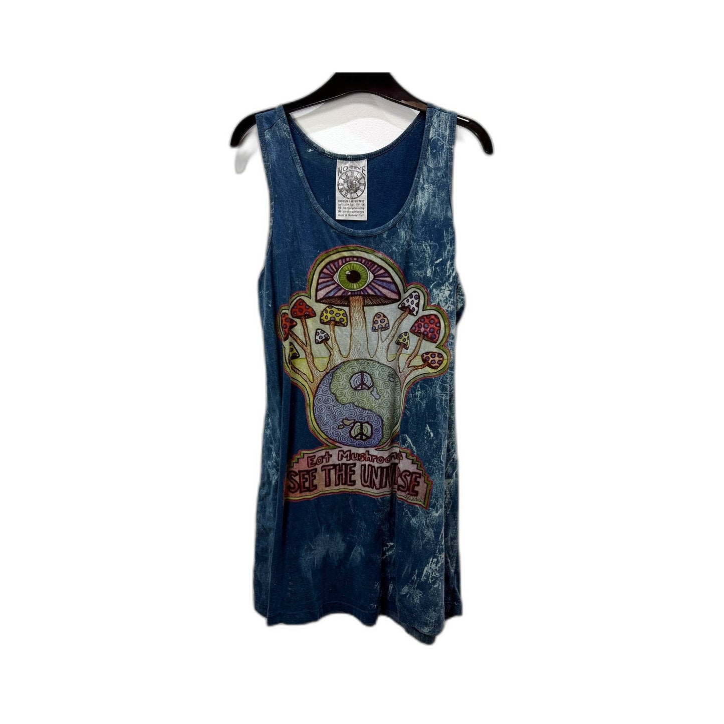 No Time Mens Vintage Style Tank Top Psychedelic Mushroom Print Blue Size L