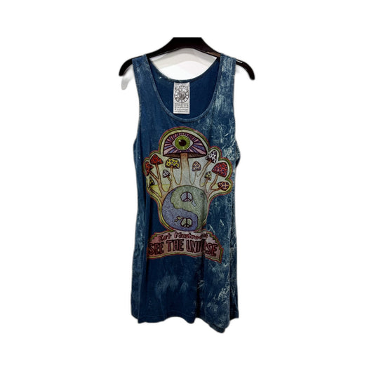 No Time Mens Vintage Style Tank Top Psychedelic Mushroom Print Blue Size L