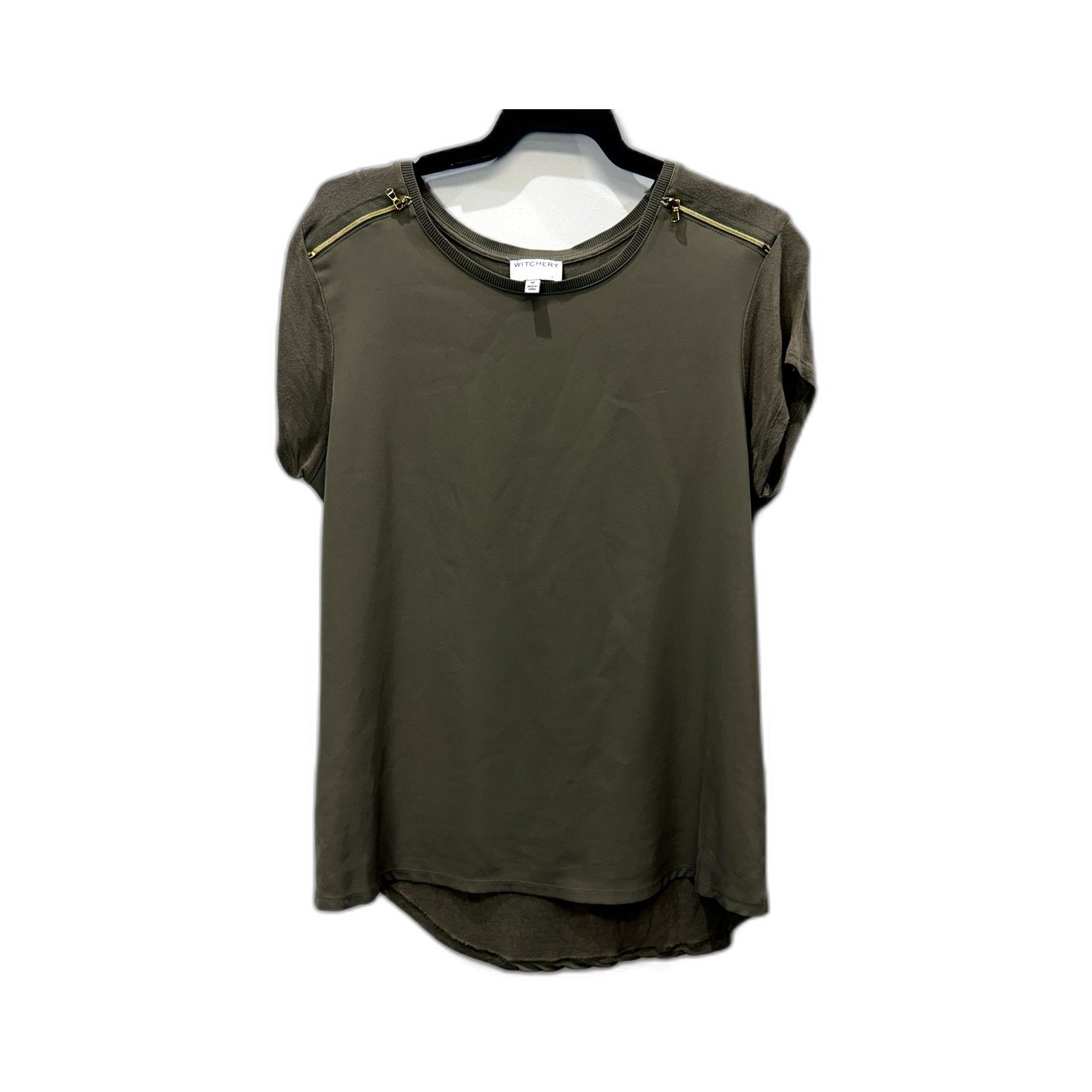 Witchery Womens Zip Shoulder Blouse Olive Green Casual Pullover Size M