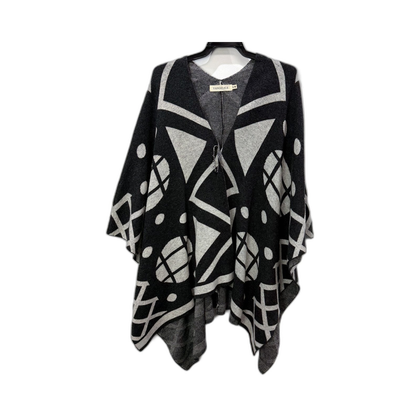 Vangelica Womens Soft Knit Poncho Sweater in Black and Gray for S/M
