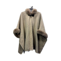 Hooded Wool Poncho Womens with Luxurious Beige Fur Trim, One Size