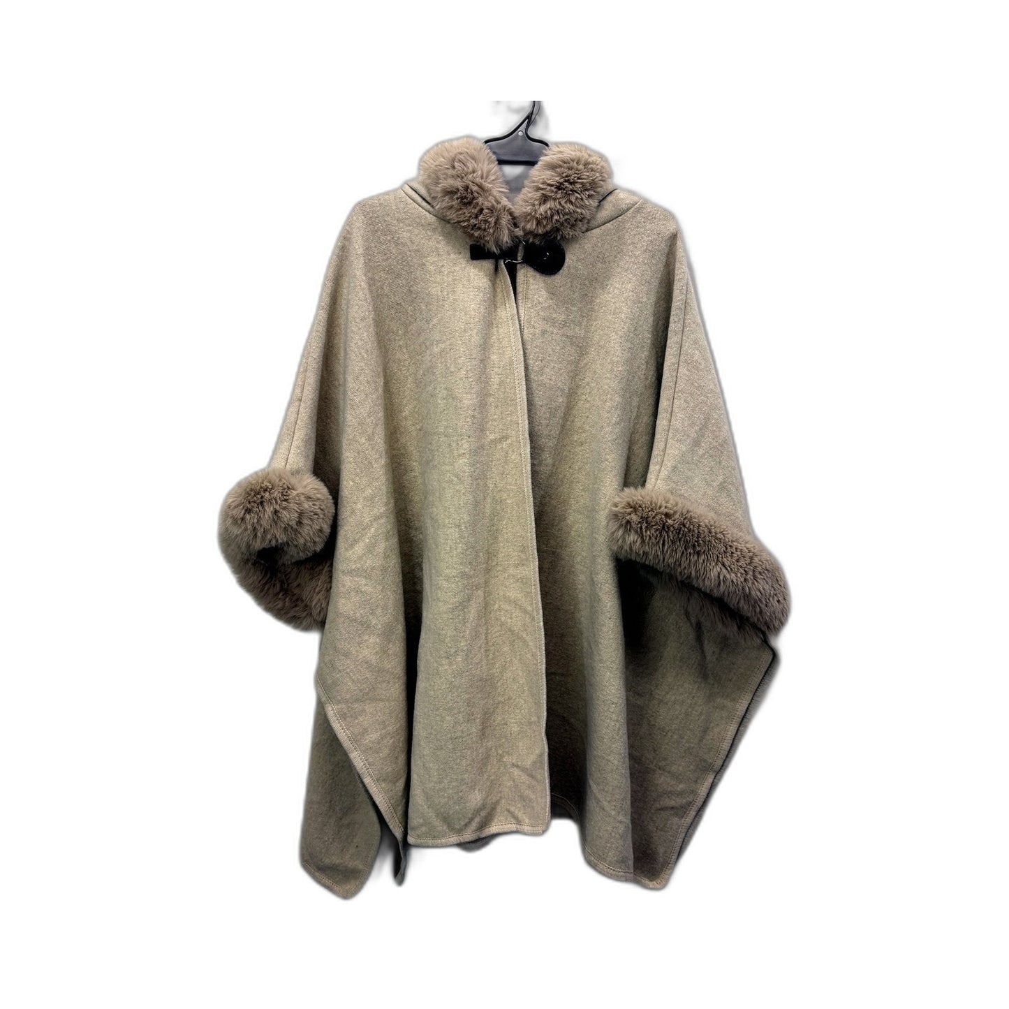 Hooded Wool Poncho Womens with Luxurious Beige Fur Trim, One Size