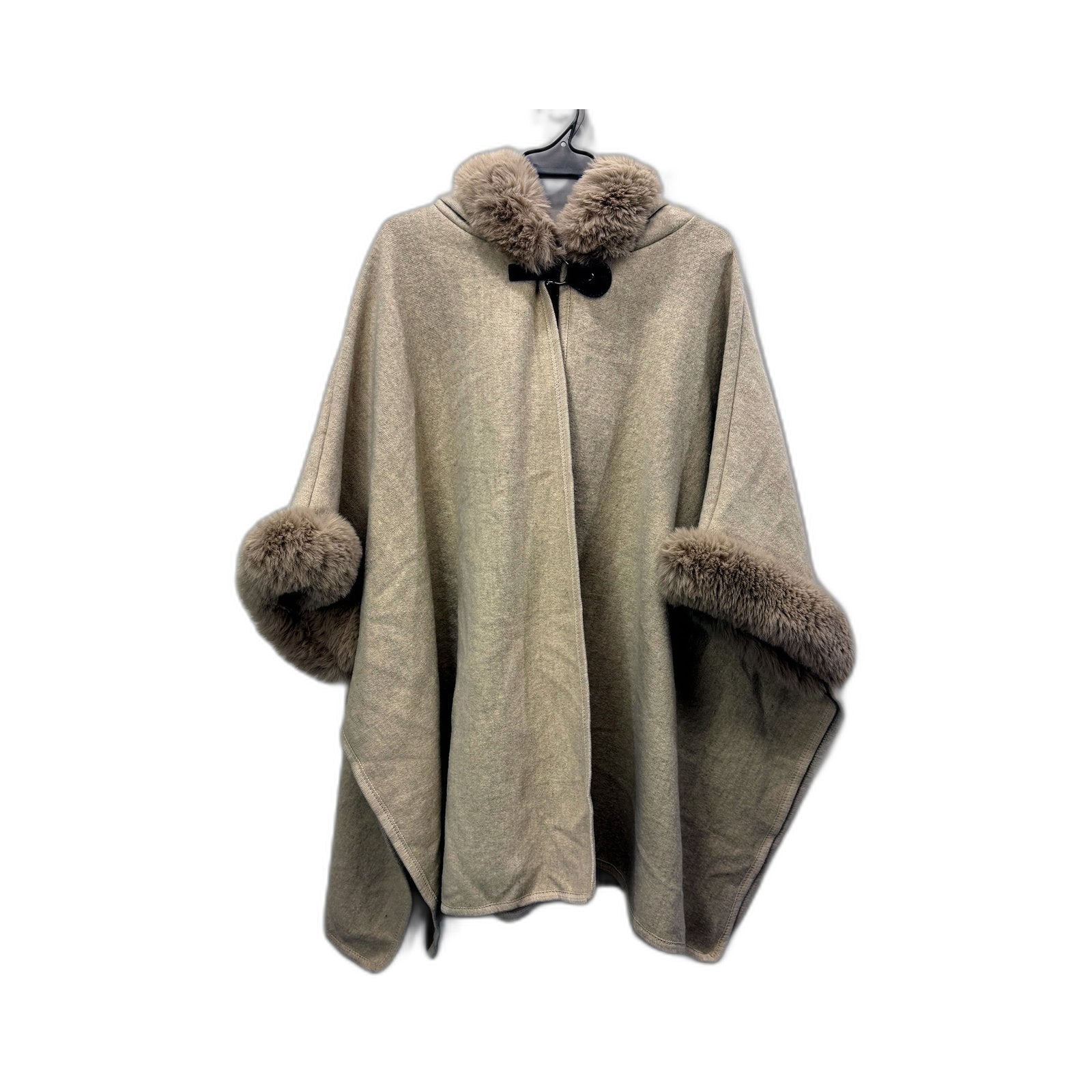 Hooded Wool Poncho Womens with Luxurious Beige Fur Trim, One Size