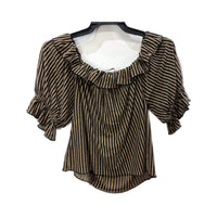 Zara Womens Striped Ruffle Puff Sleeve Blouse in Beige and Black, Size L