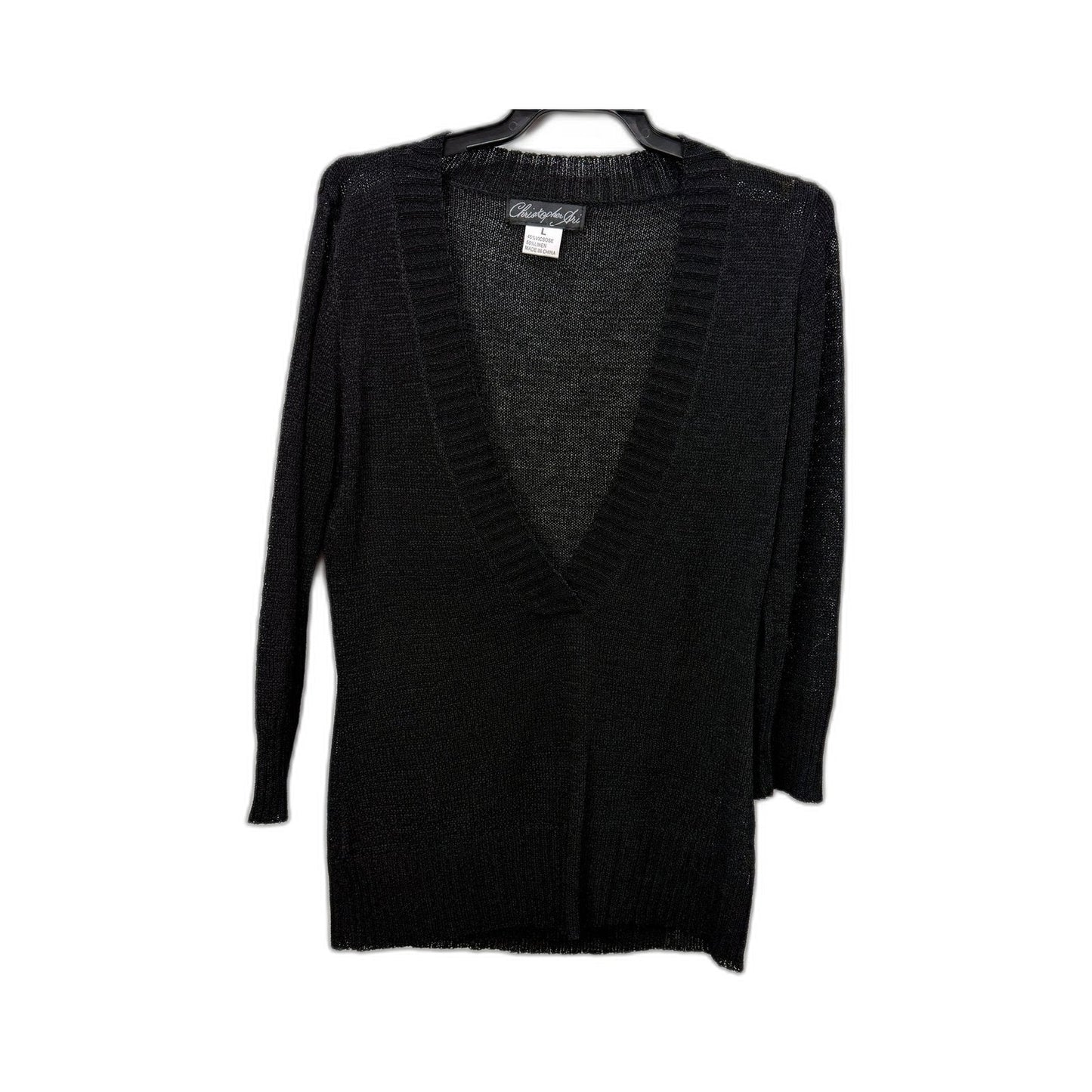 Christopher Ari Womens Pullover Sweater Ruffle Trim Linen Blend Black Size L