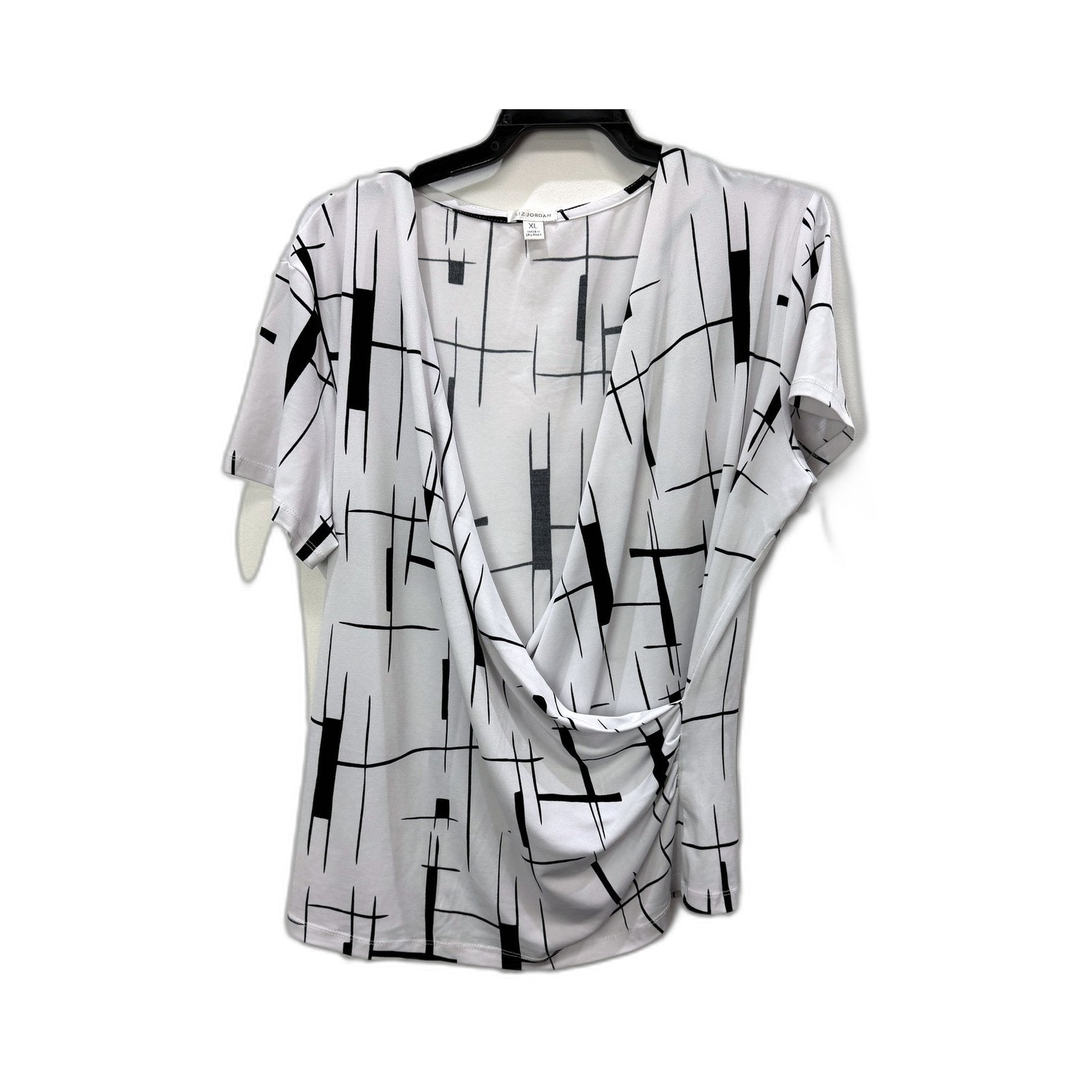 Liz Jordan Womens Loose Cross Layered Blouse White with Black Geometric Print