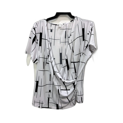Liz Jordan Womens Loose Cross Layered Blouse White with Black Geometric Print