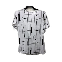 Liz Jordan Womens Loose Cross Layered Blouse White with Black Geometric Print