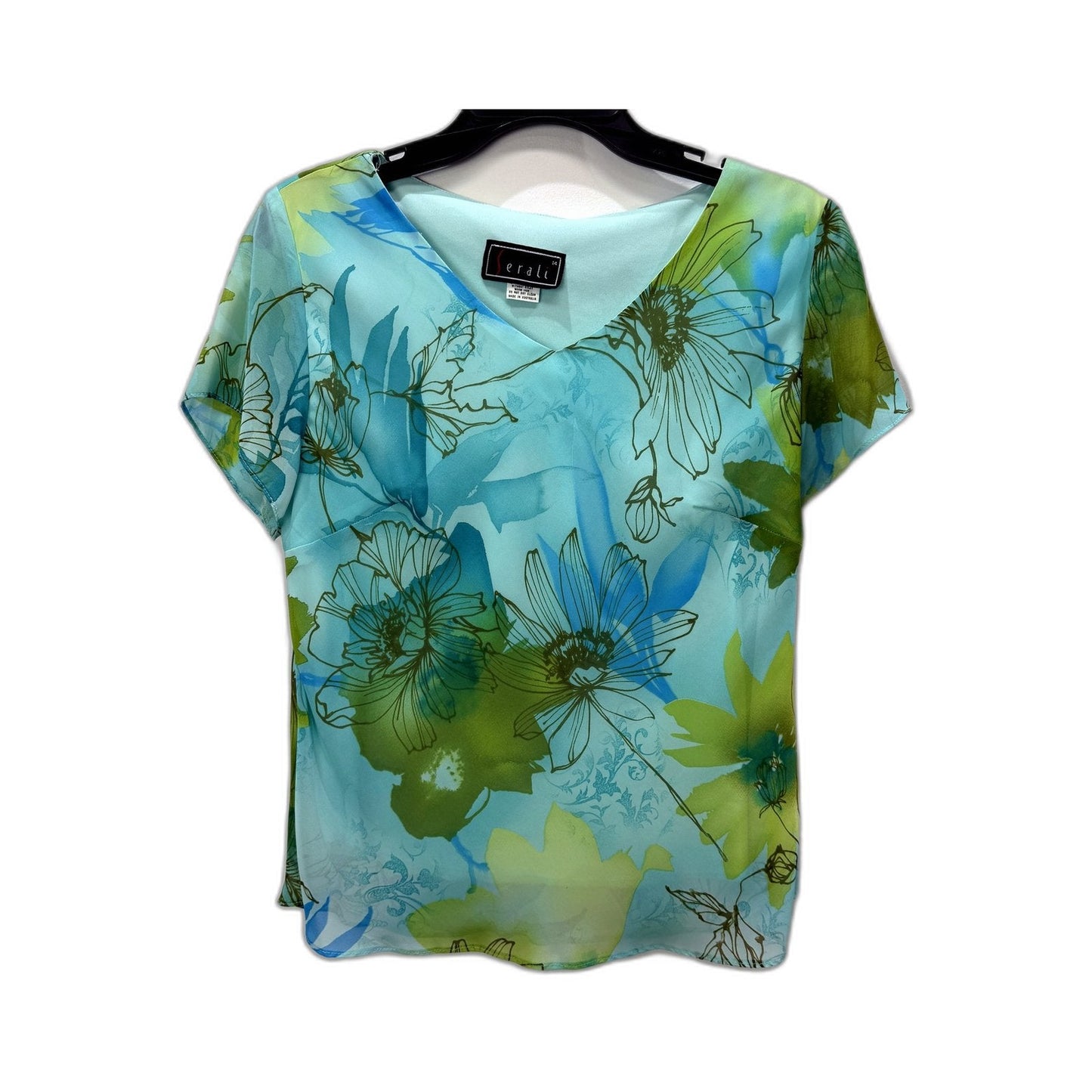 Serali Womens Floral Print Pullover Blouse Turquoise Multi Color Size 14
