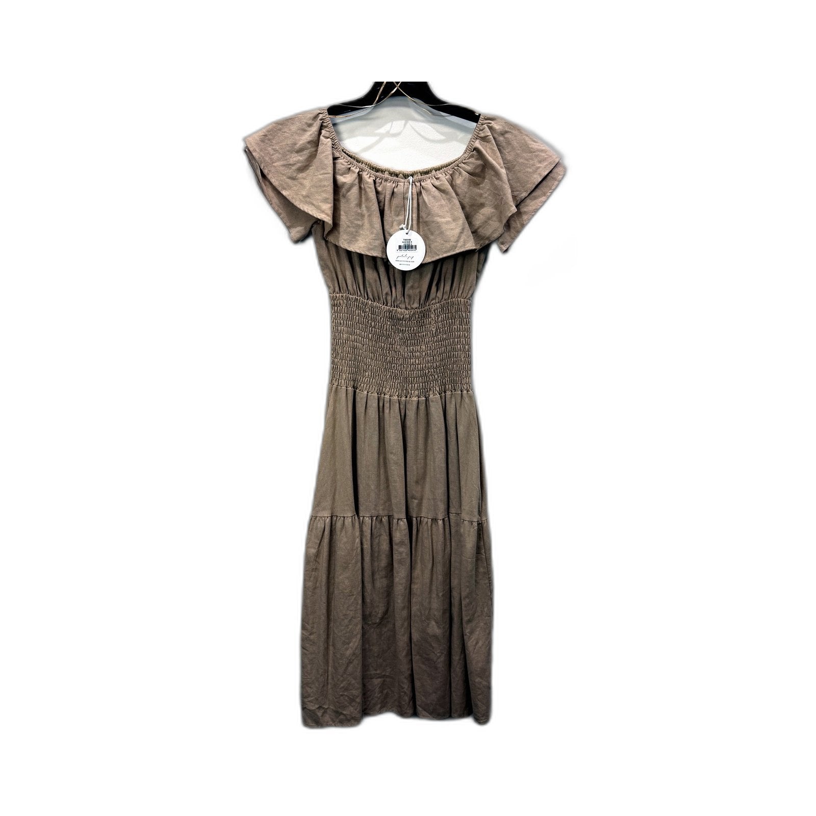 Petal + Pup Womens Tiered Midi Dress Ruffle Smocked Cotton Beige Size 8 NEW
