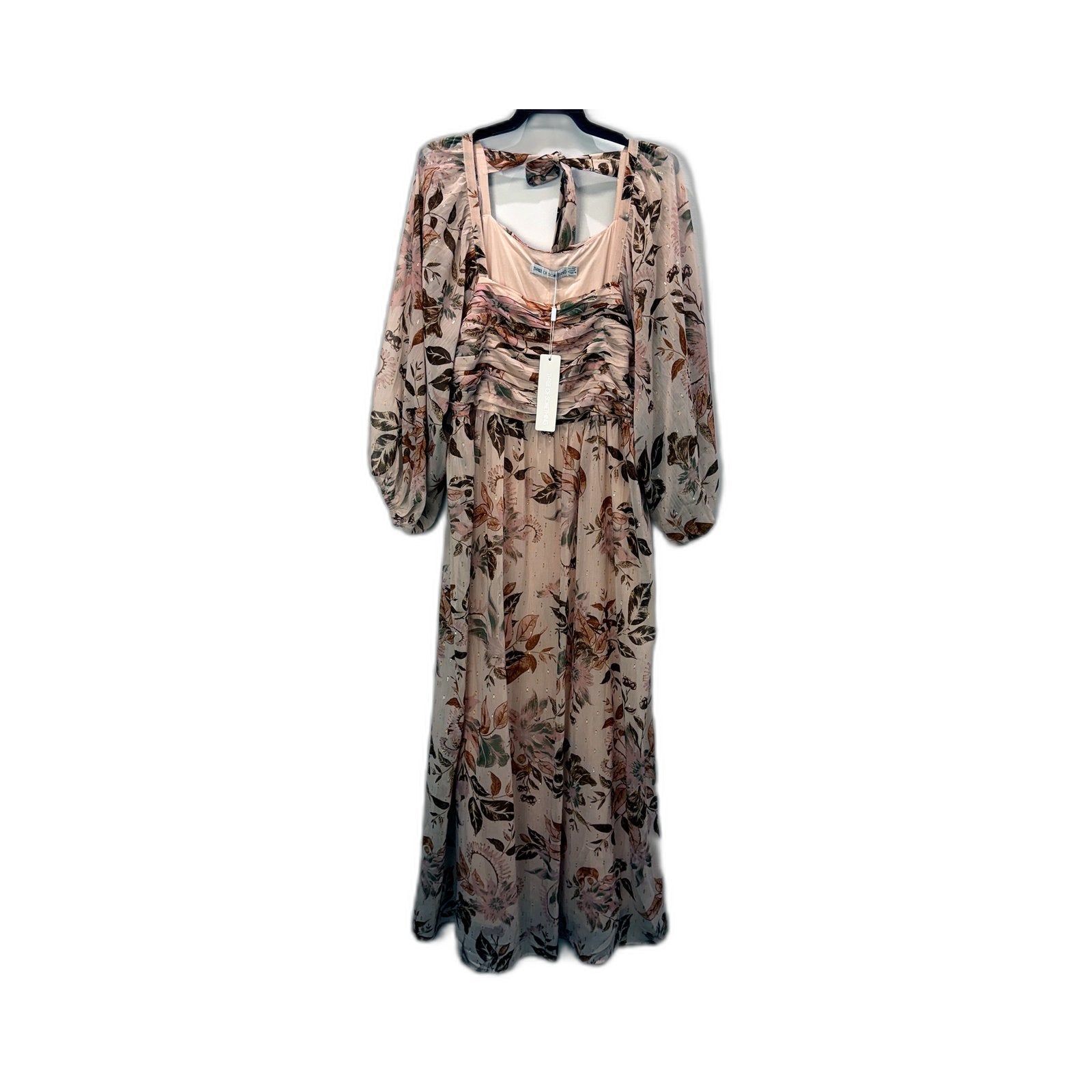 Three of Something Womens Floral Print Maxi Dress Ruched Balloon Sleeve XL NEW