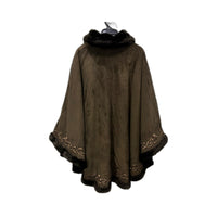 Dennis Basso Womens Faux Fur Poncho Cloak Brown Floral Embroidered Size One