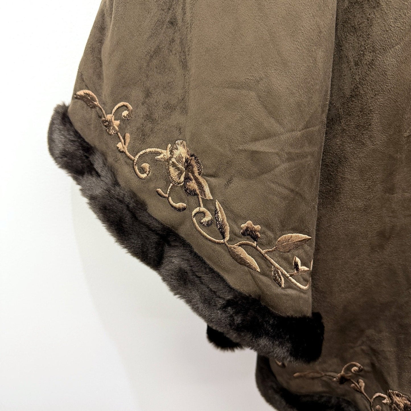 Dennis Basso Womens Faux Fur Poncho Cloak Brown Floral Embroidered Size One