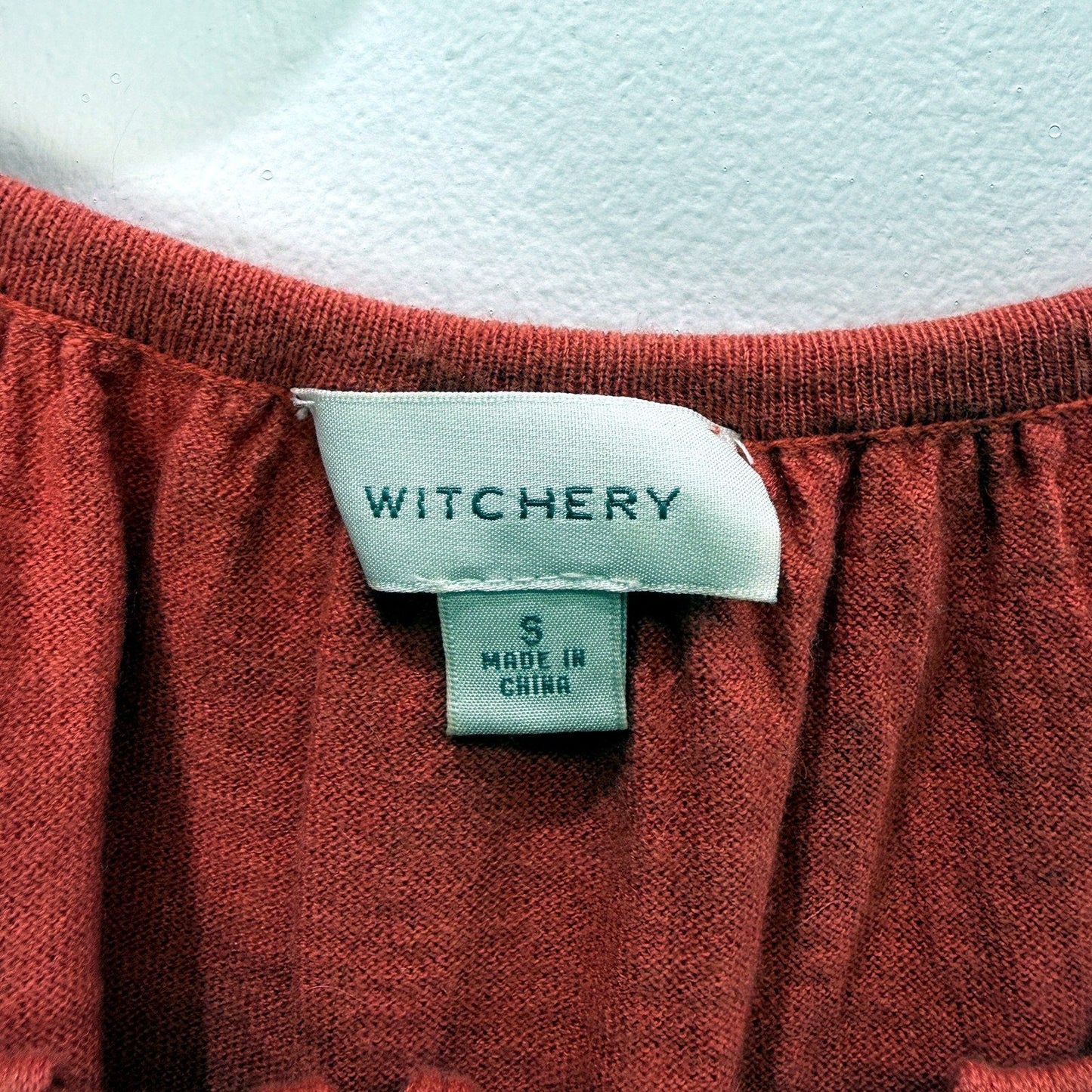 Witchery Womens Pullover Knit Blouse Puff Sleeve Tie Neck Cotton Pink Size S