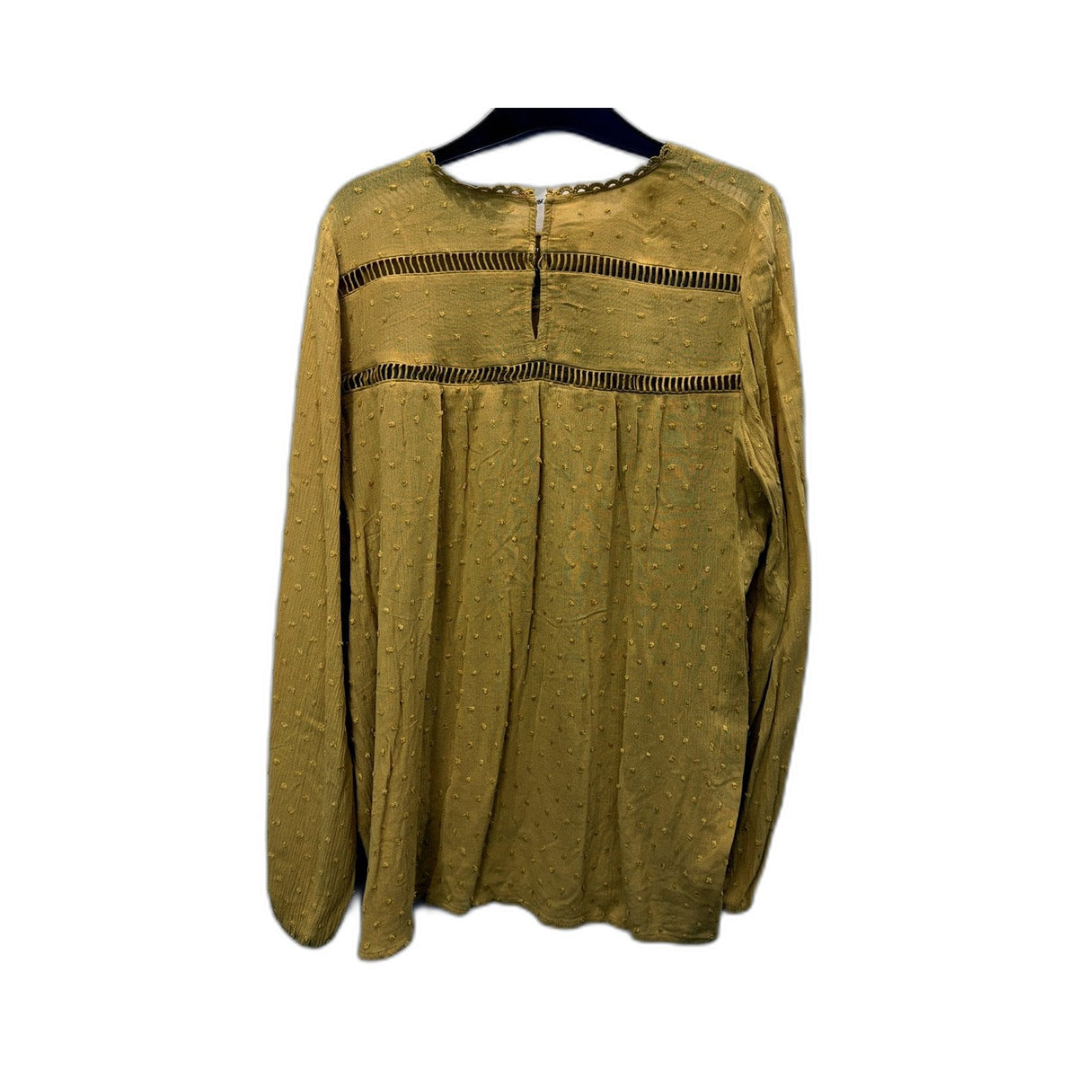 Decjuba Womens Pleated Dot Blouse in Mustard Yellow with Long Sleeves - Size 12